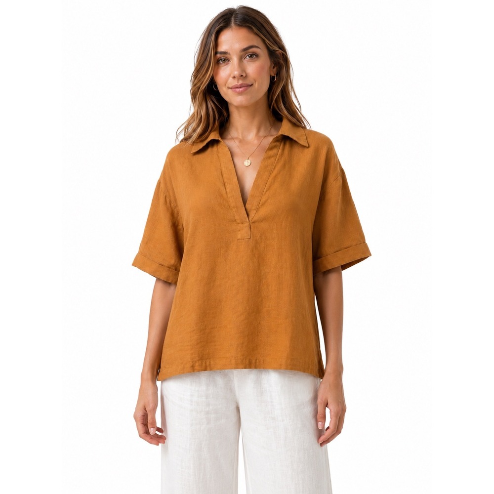 MagaSchoni‎ 100% Linen Popover Tunic Top XS Camel Cognac Brown Collared Coastal